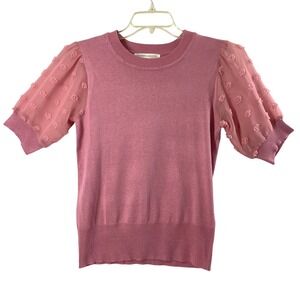 Madison Hudson Pink Knit Sweater Womens Medium‎ Sheer Puff Short Sleeve Top